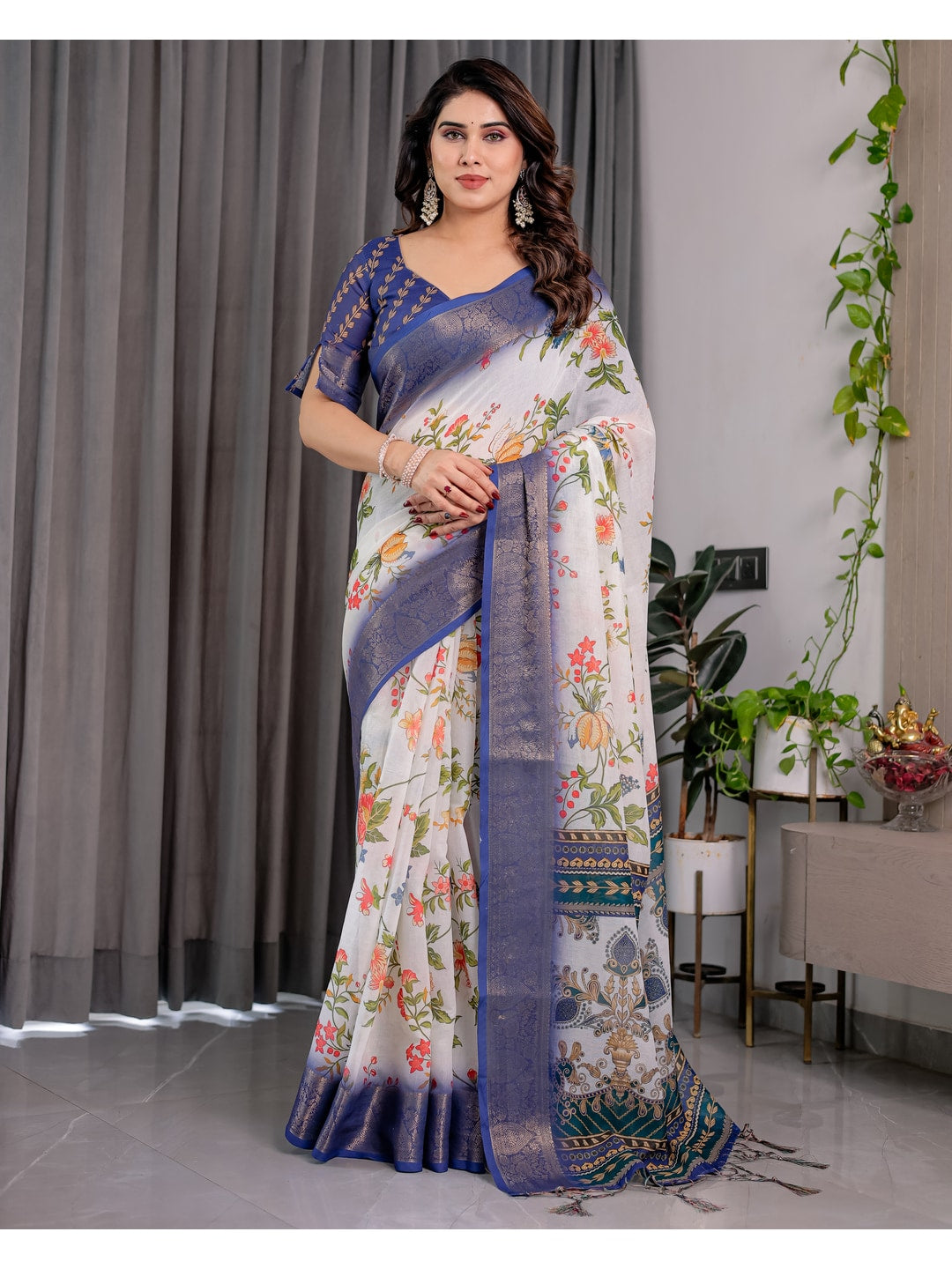 Peachmode White Handloom Linen Cotton Floral Print Saree - Image 1