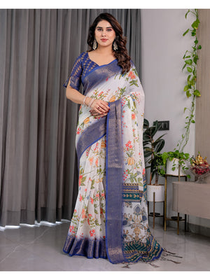 Peachmode White Handloom Linen Cotton Floral Print Saree - Image 1