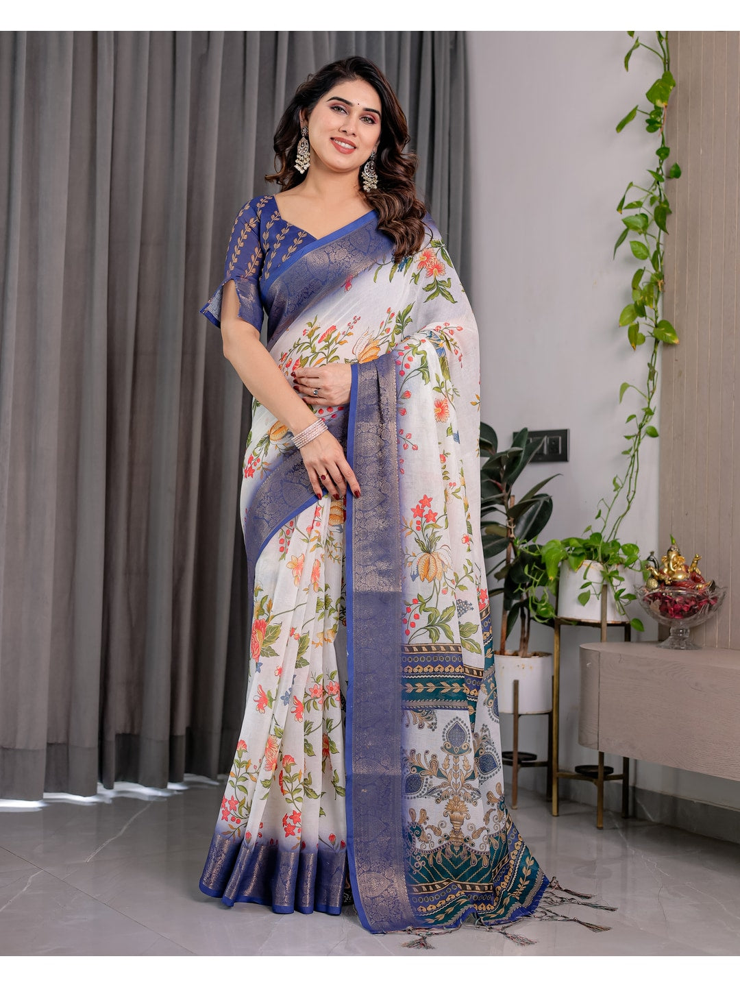 Peachmode White Handloom Linen Cotton Floral Print Saree - Image 2