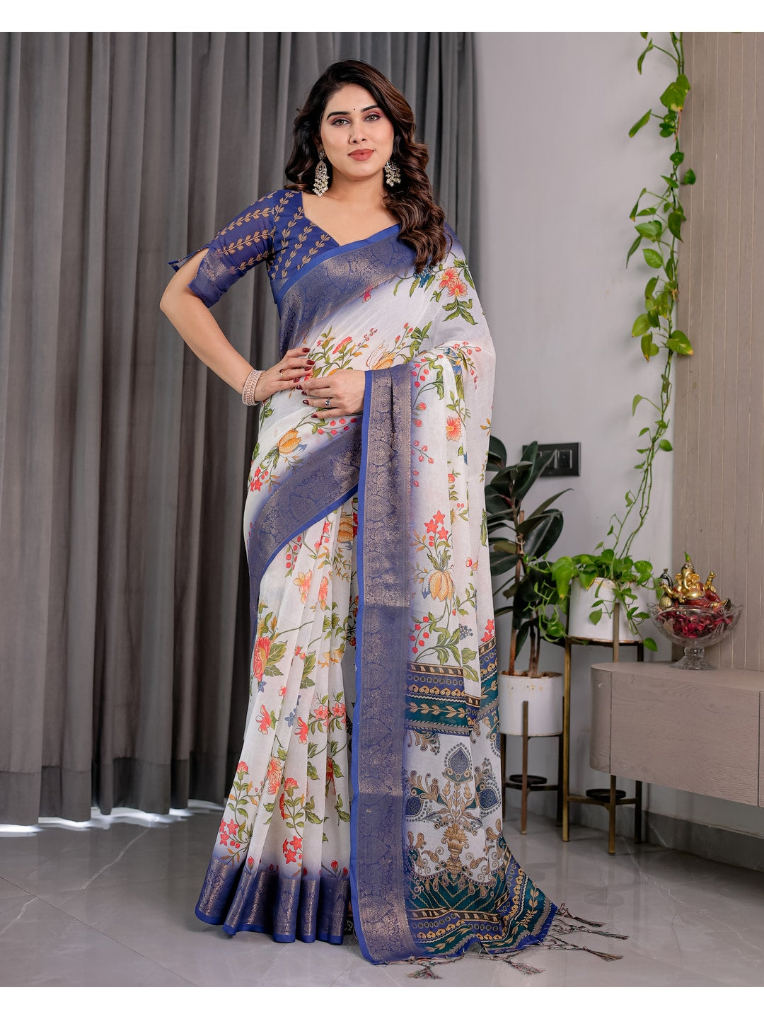 Peachmode White Handloom Linen Cotton Floral Print Saree - Image 3