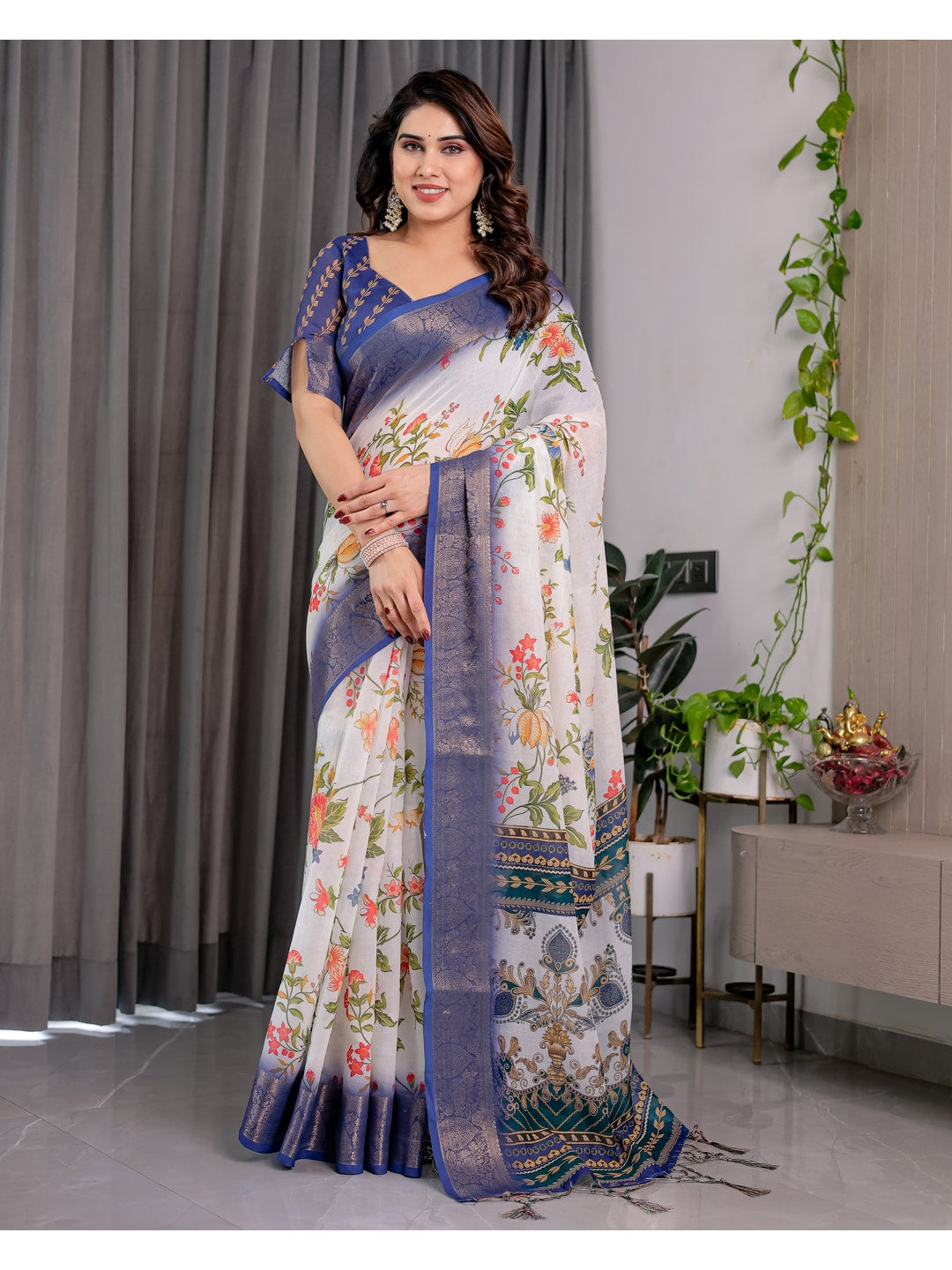 Peachmode White Handloom Linen Cotton Floral Print Saree - Image 4