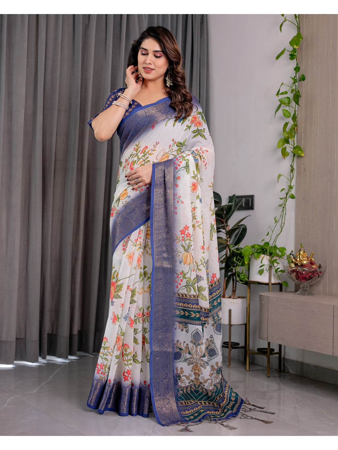 Peachmode White Handloom Linen Cotton Floral Print Saree - Image 5