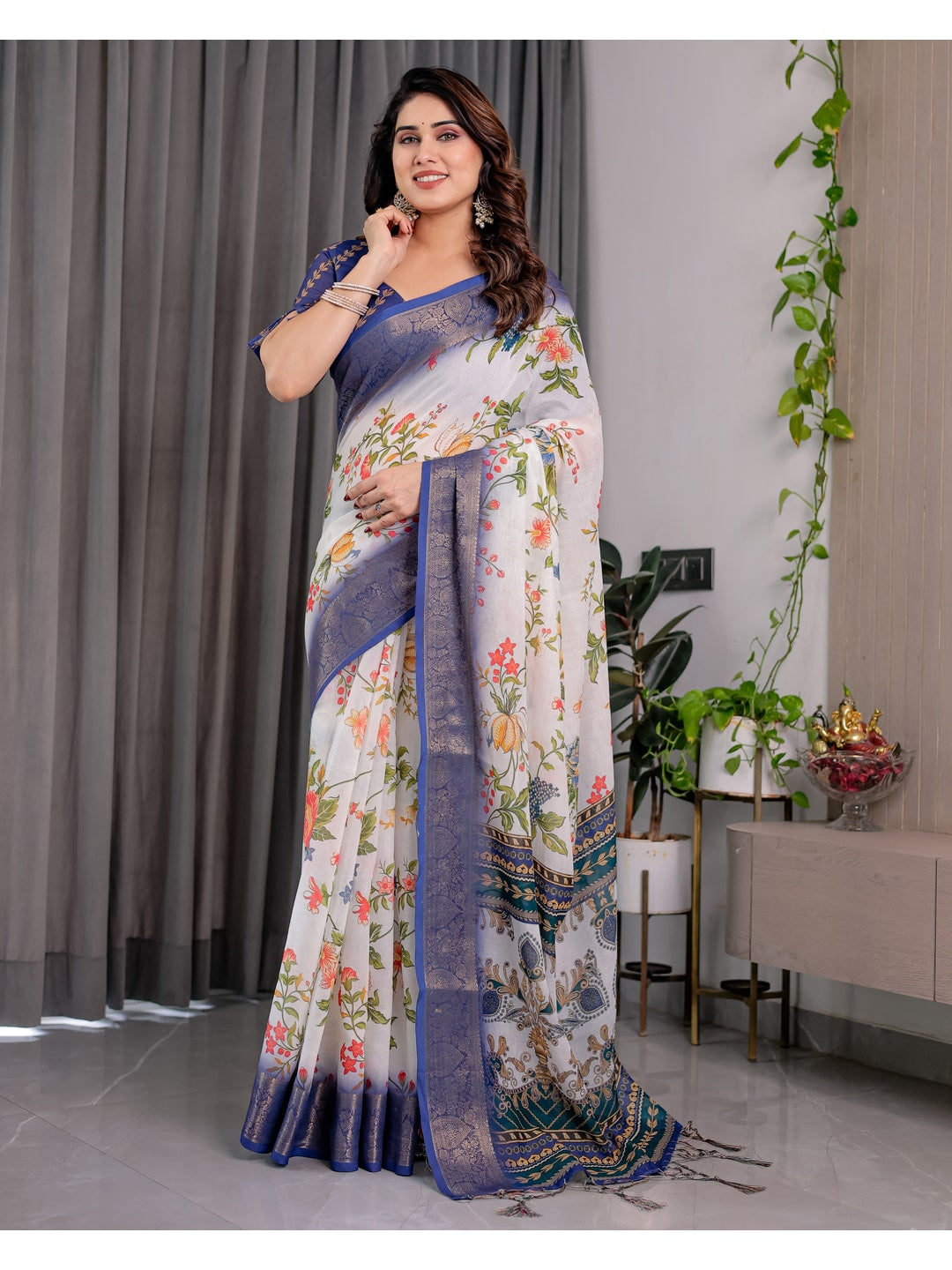 Peachmode White Handloom Linen Cotton Floral Print Saree - Image 6