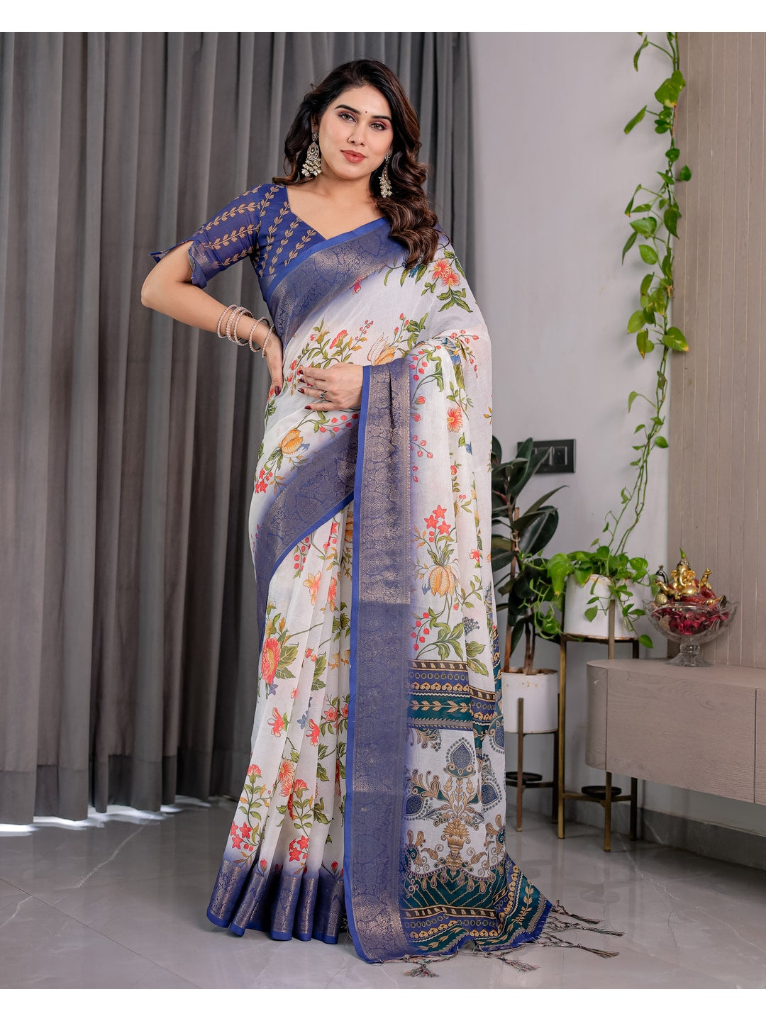 Peachmode White Handloom Linen Cotton Floral Print Saree - Image 7