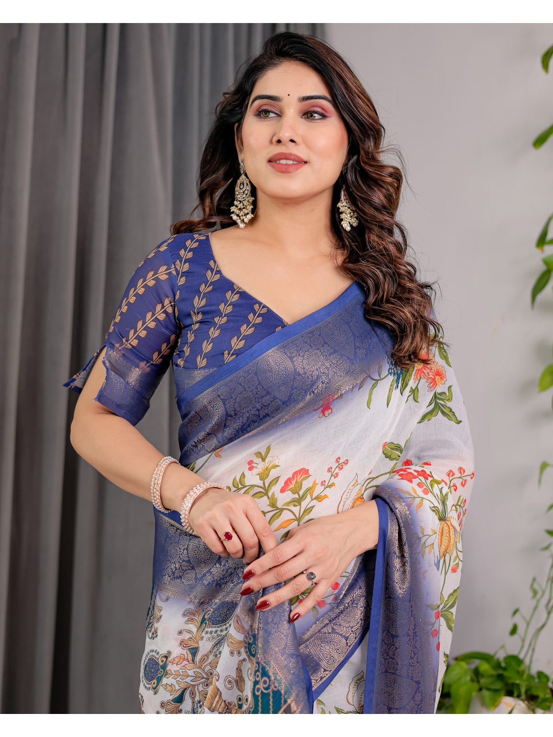 Peachmode White Handloom Linen Cotton Floral Print Saree - Image 14