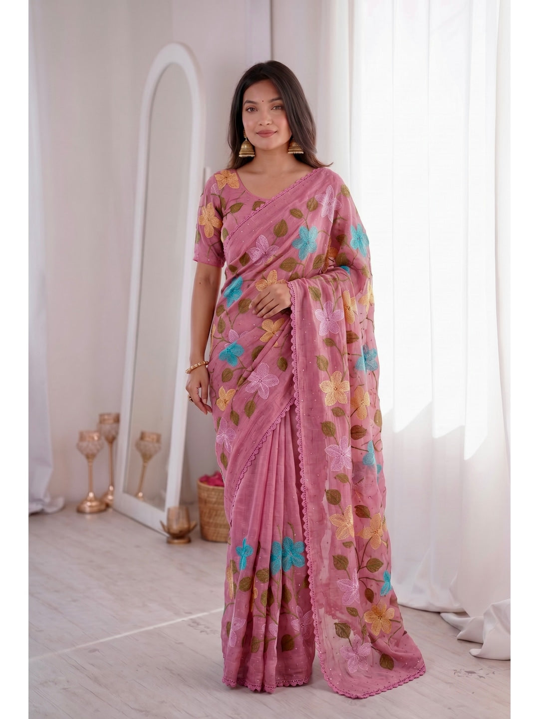 Peachmode Pink Viscose Saree with Floral Thread Work - Image 1