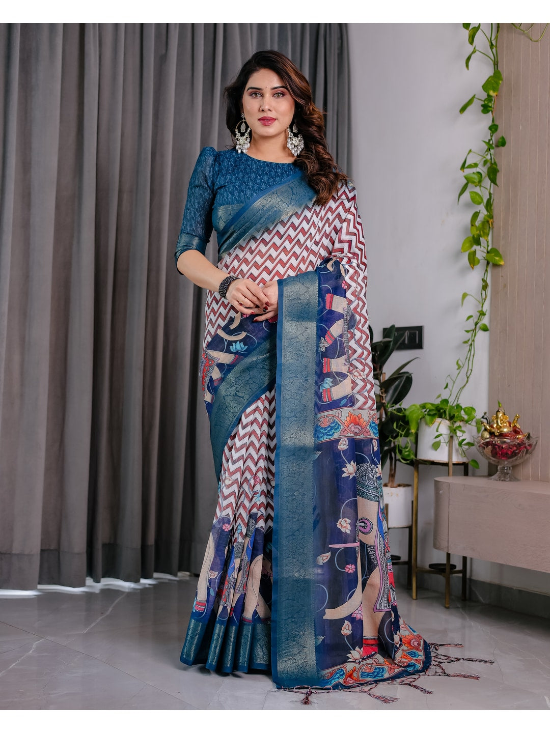 Peachmode Navy Blue Handloom Linen Cotton Floral Print Saree - Image 1