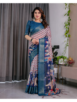 Peachmode Navy Blue Handloom Linen Cotton Floral Print Saree - Image 1