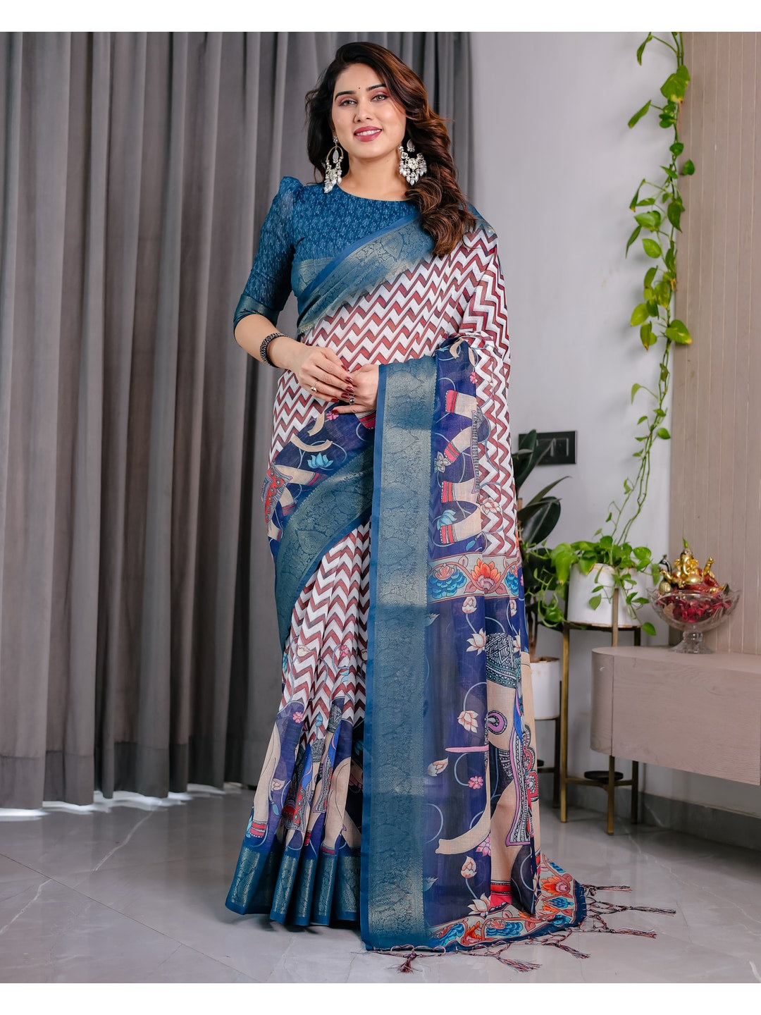 Peachmode Navy Blue Handloom Linen Cotton Floral Print Saree - Image 4