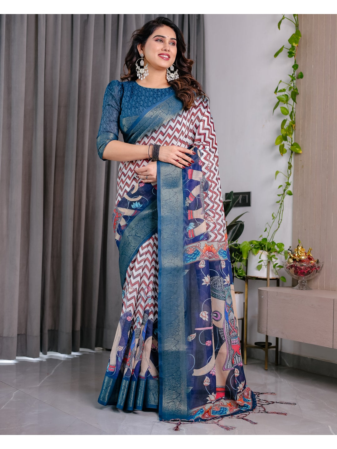 Peachmode Navy Blue Handloom Linen Cotton Floral Print Saree - Image 5