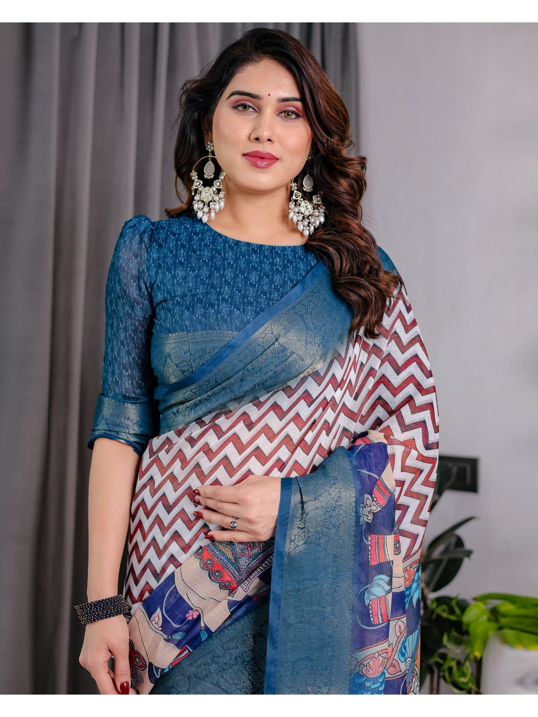 Peachmode Navy Blue Handloom Linen Cotton Floral Print Saree - Image 10