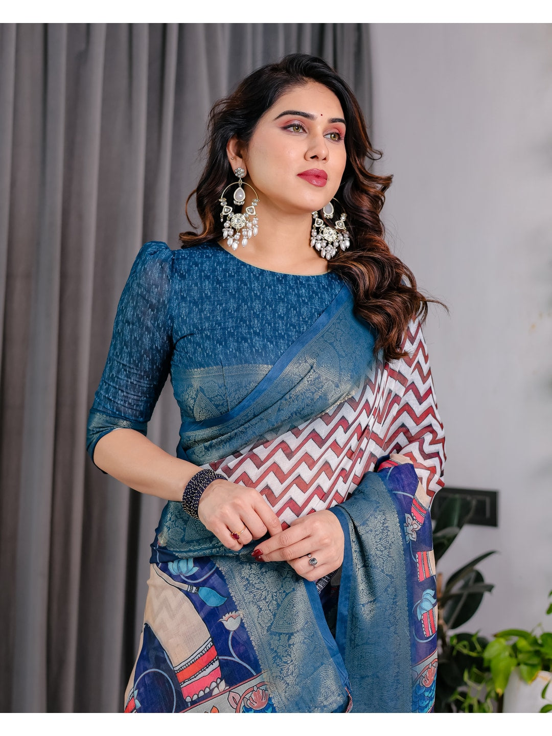 Peachmode Navy Blue Handloom Linen Cotton Floral Print Saree - Image 11