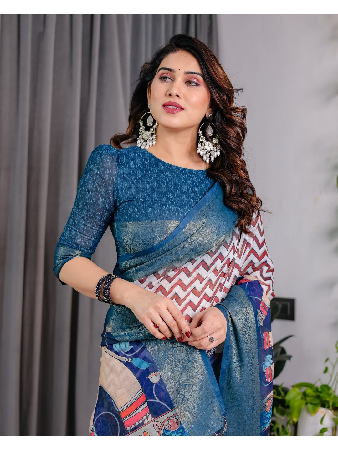 Peachmode Navy Blue Handloom Linen Cotton Floral Print Saree - Image 12
