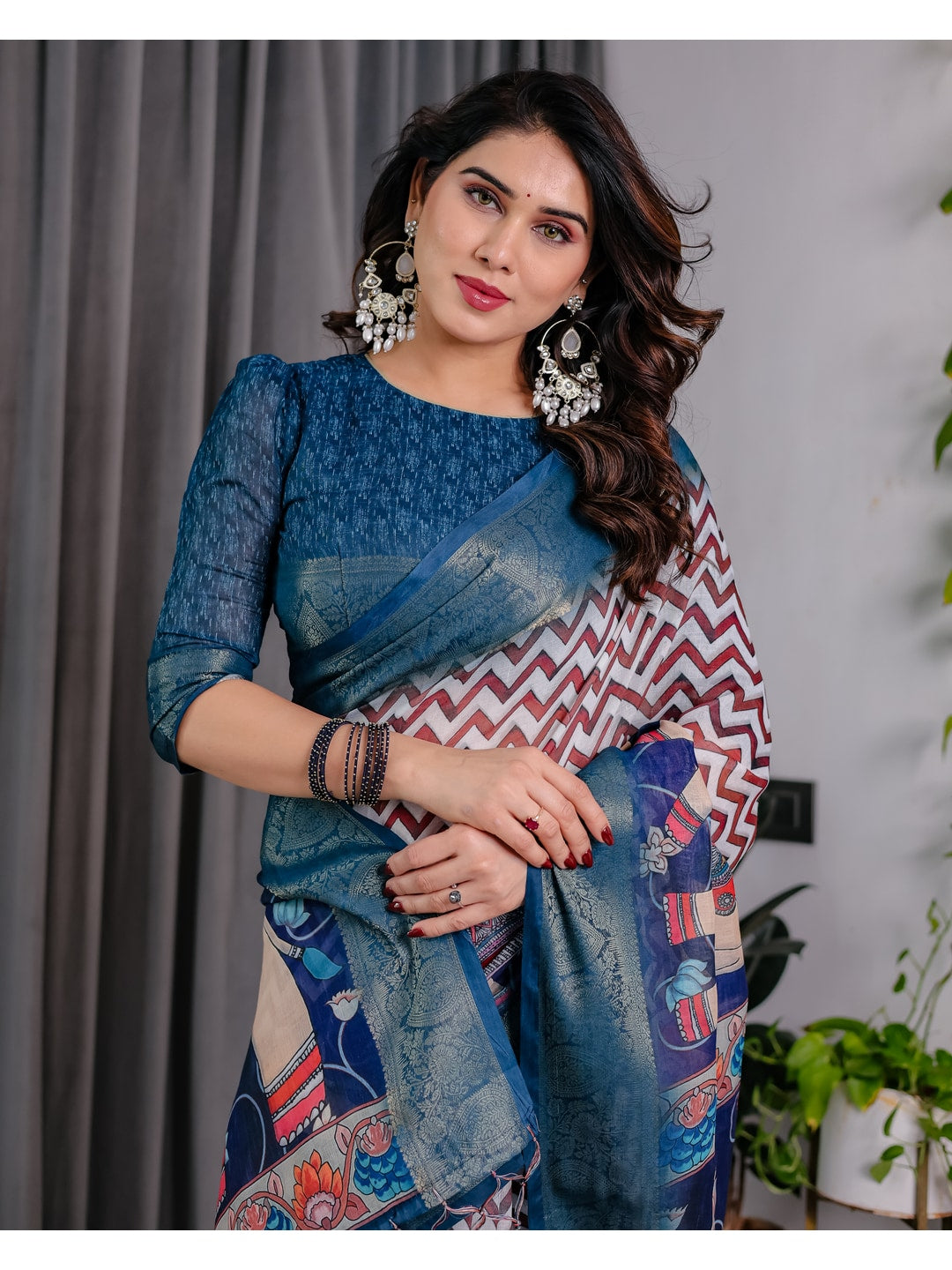 Peachmode Navy Blue Handloom Linen Cotton Floral Print Saree - Image 13