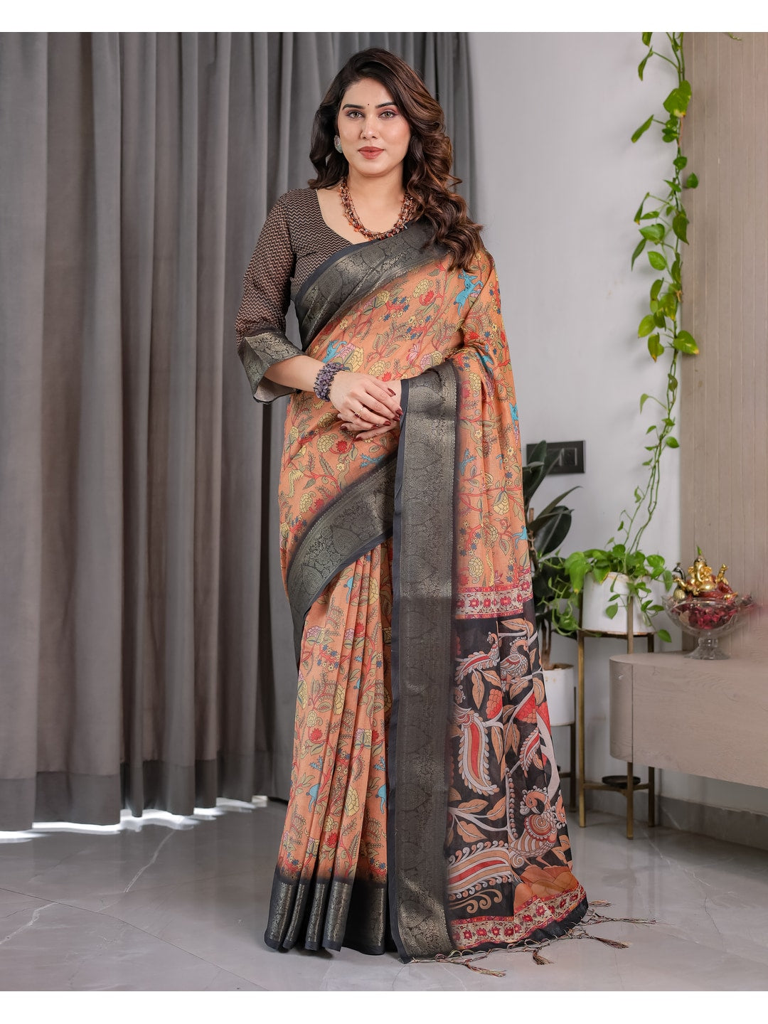 Peachmode Brown Handloom Linen Cotton Floral Print Saree - Image 1