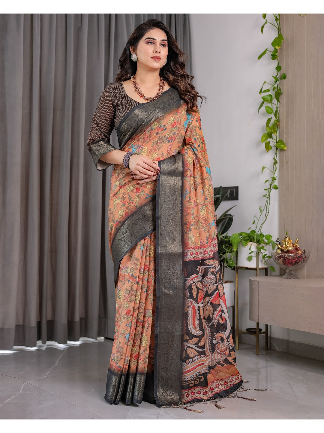 Peachmode Brown Handloom Linen Cotton Floral Print Saree - Image 3