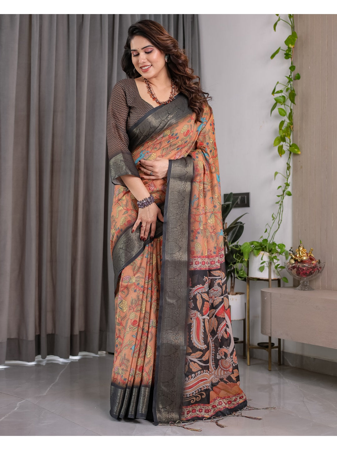 Peachmode Brown Handloom Linen Cotton Floral Print Saree - Image 4