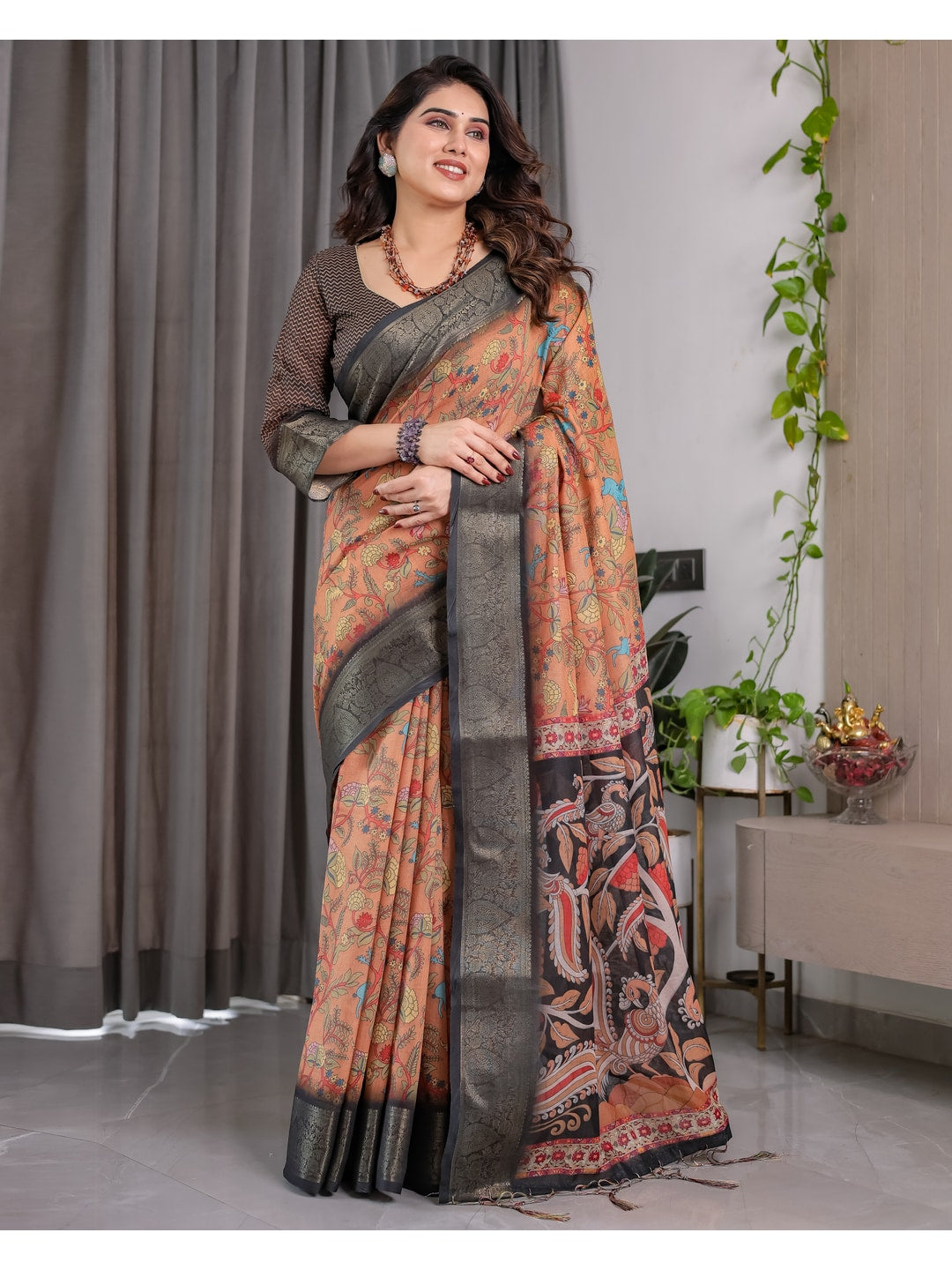 Peachmode Brown Handloom Linen Cotton Floral Print Saree - Image 5