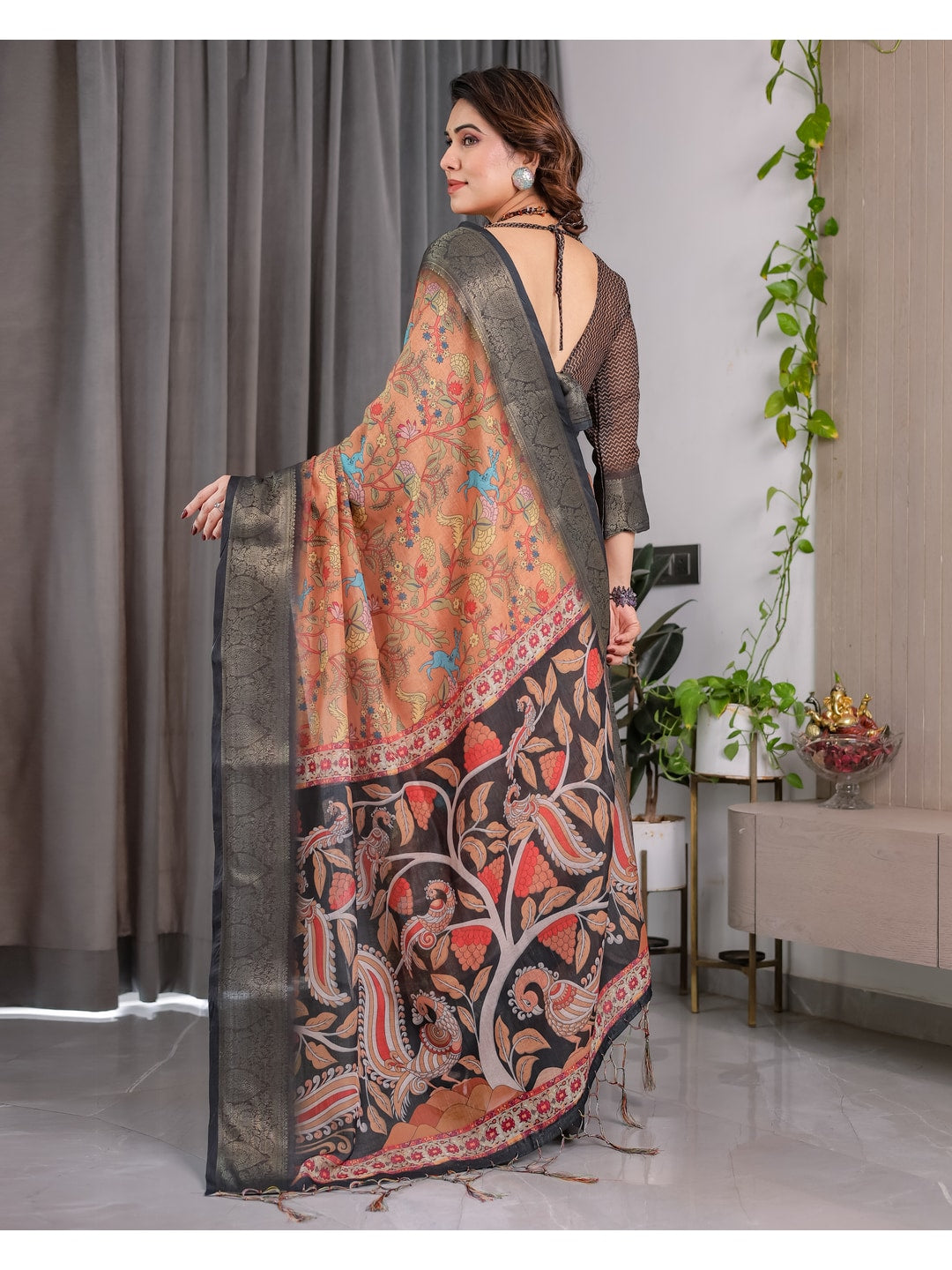 Peachmode Brown Handloom Linen Cotton Floral Print Saree - Image 6