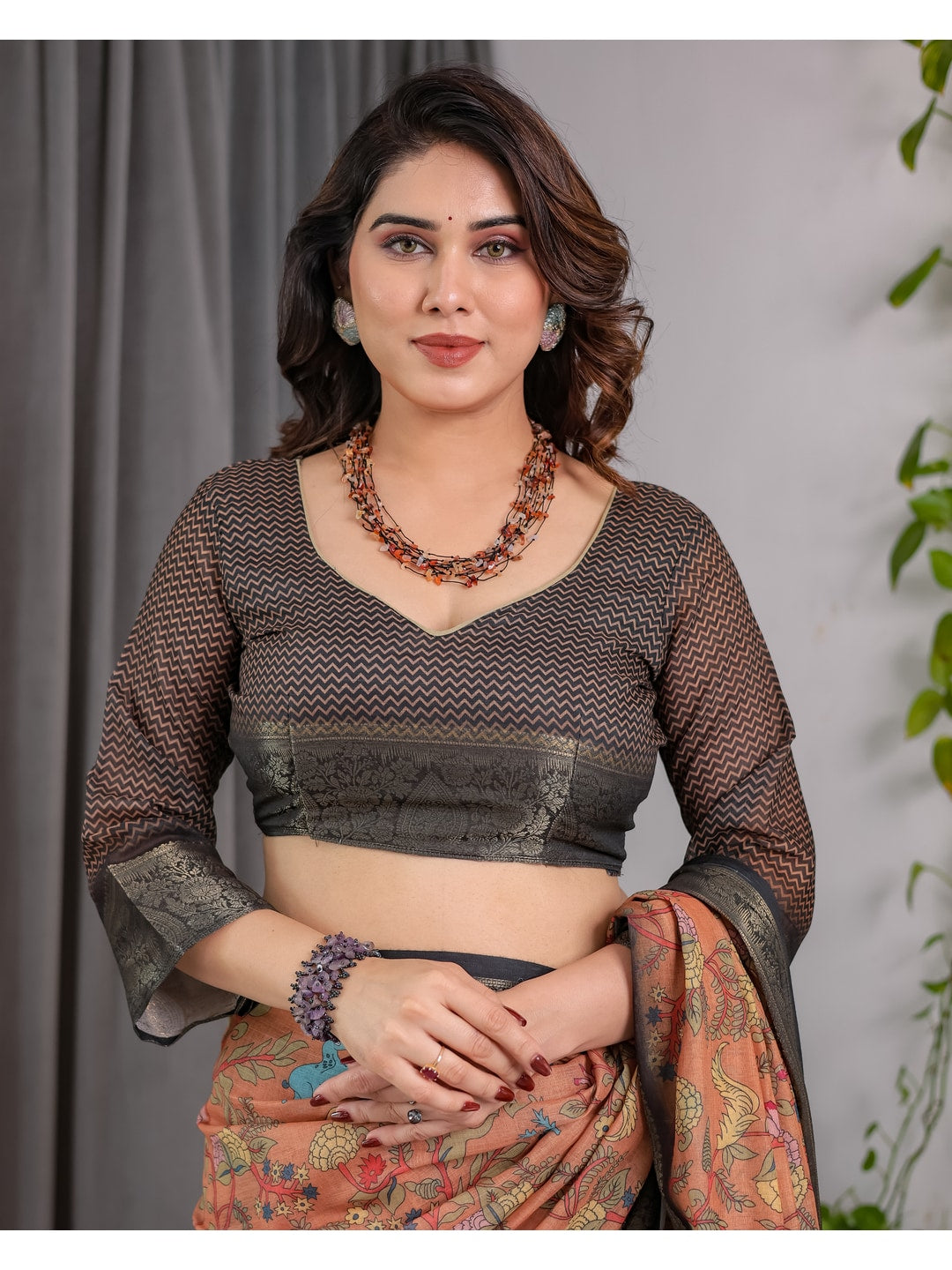 Peachmode Brown Handloom Linen Cotton Floral Print Saree - Image 7
