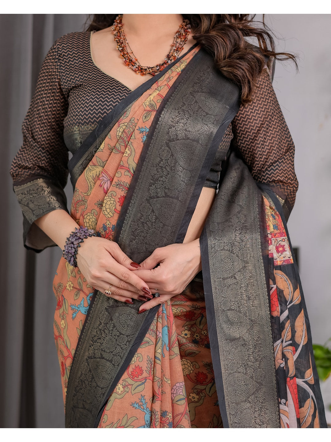 Peachmode Brown Handloom Linen Cotton Floral Print Saree - Image 8