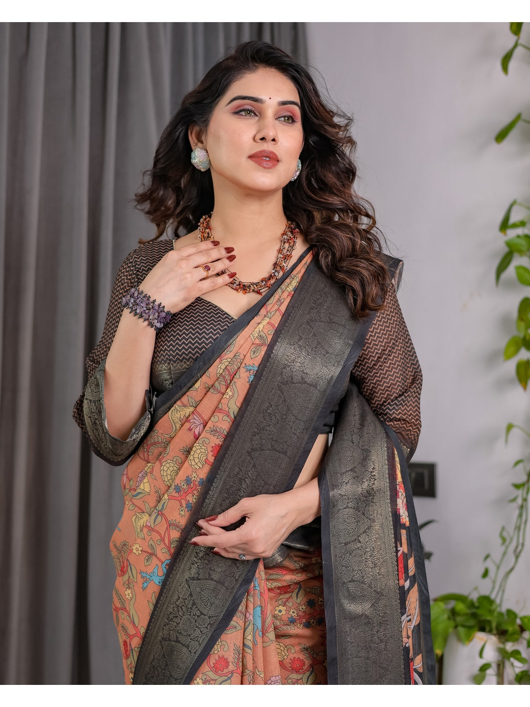 Peachmode Brown Handloom Linen Cotton Floral Print Saree - Image 9