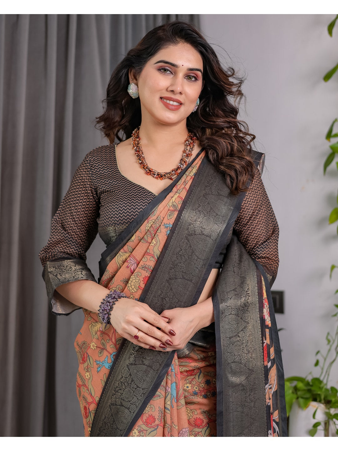 Peachmode Brown Handloom Linen Cotton Floral Print Saree - Image 10