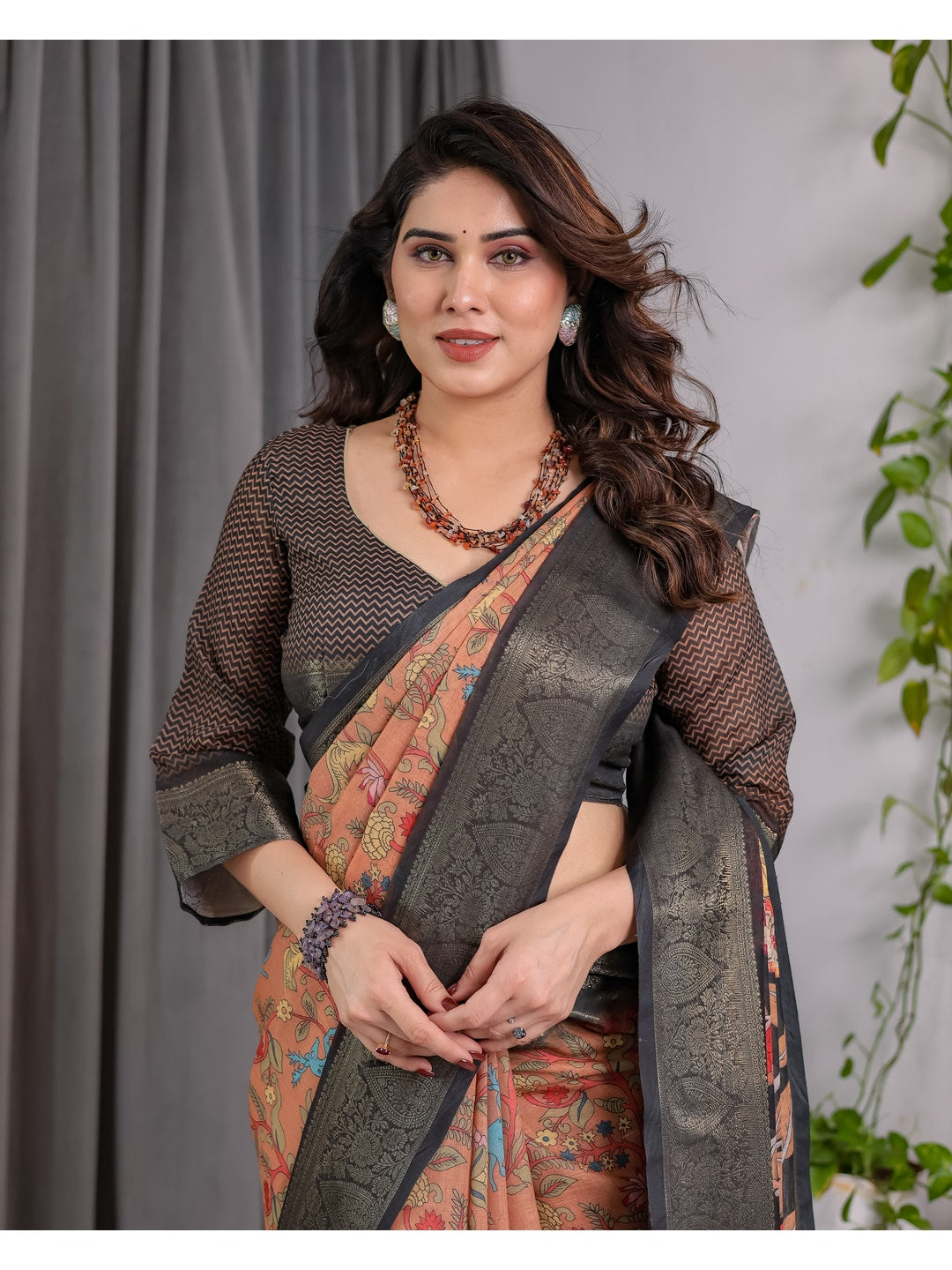 Peachmode Brown Handloom Linen Cotton Floral Print Saree - Image 12