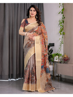 Peachmode Cream Handloom Linen Cotton Floral Print Saree - Image 1