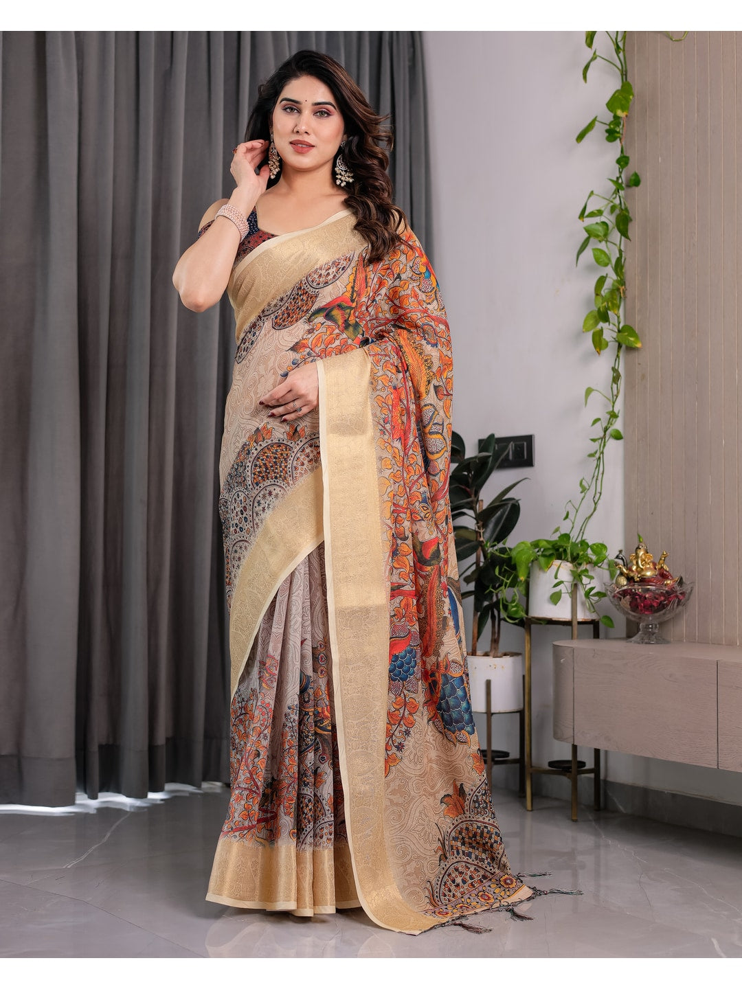 Peachmode Cream Handloom Linen Cotton Floral Print Saree - Image 4