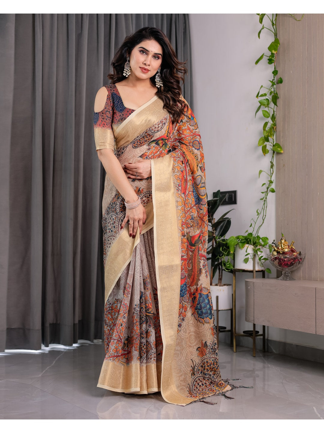 Peachmode Cream Handloom Linen Cotton Floral Print Saree - Image 5