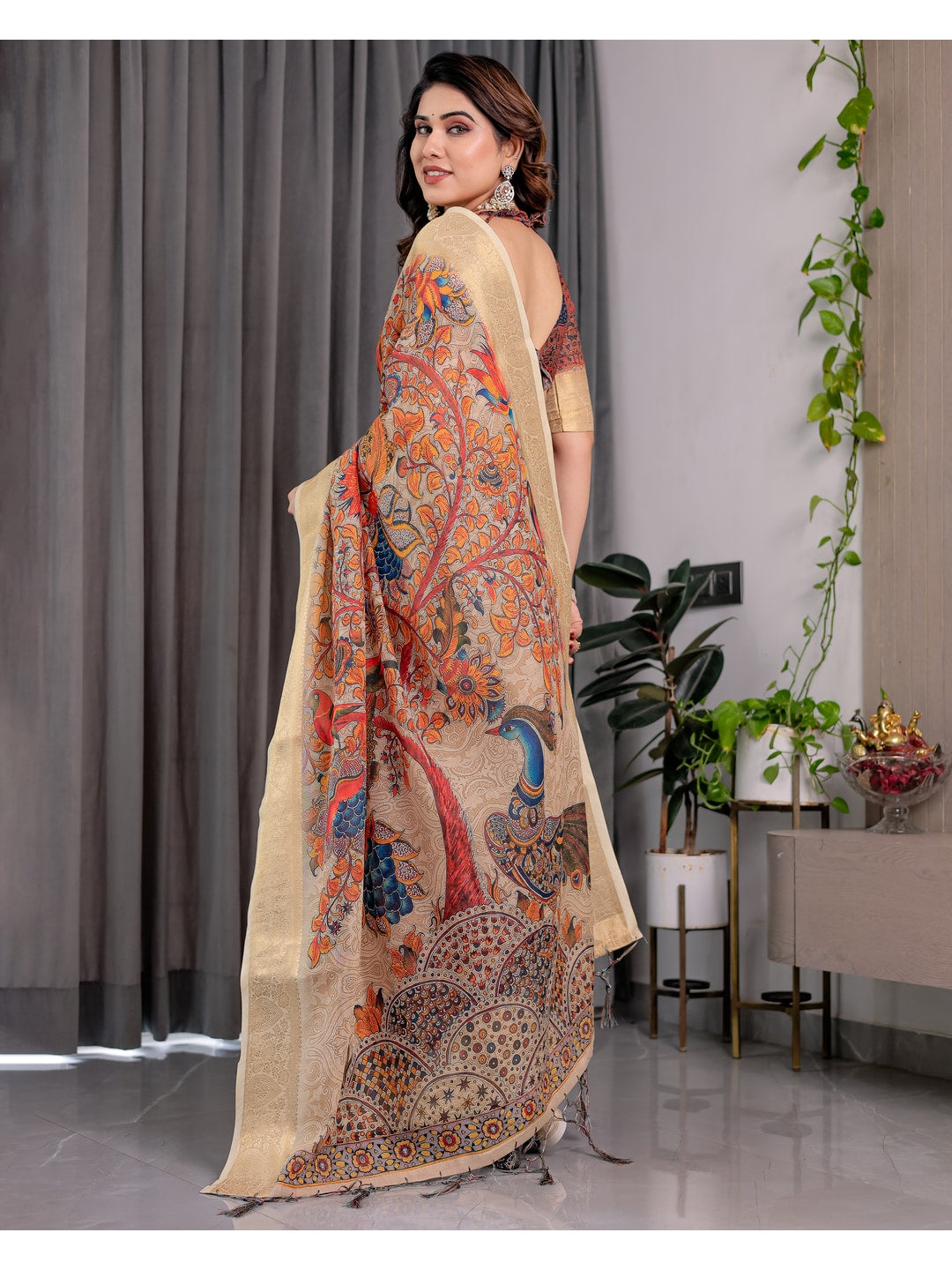 Peachmode Cream Handloom Linen Cotton Floral Print Saree - Image 6