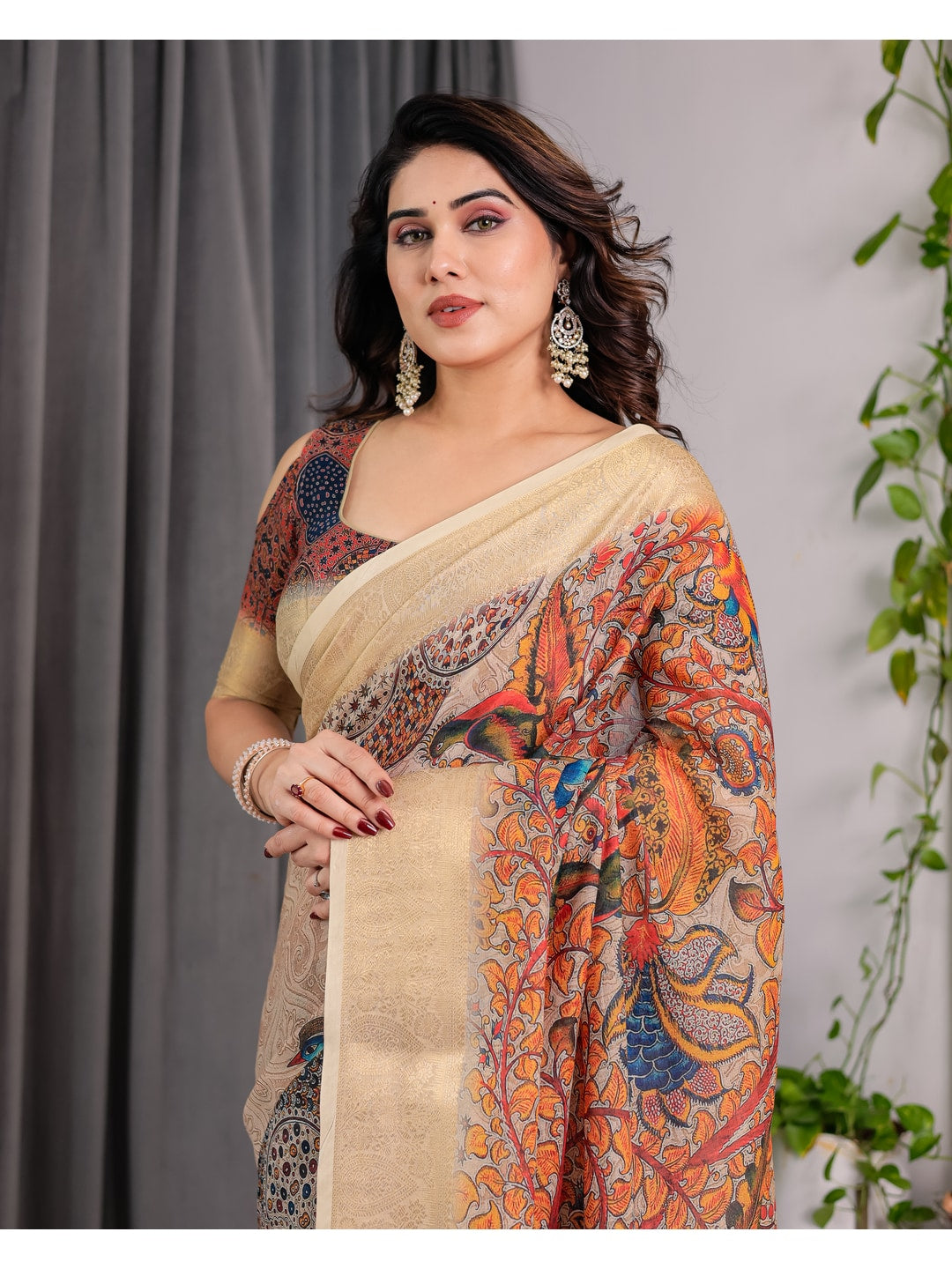 Peachmode Cream Handloom Linen Cotton Floral Print Saree - Image 14