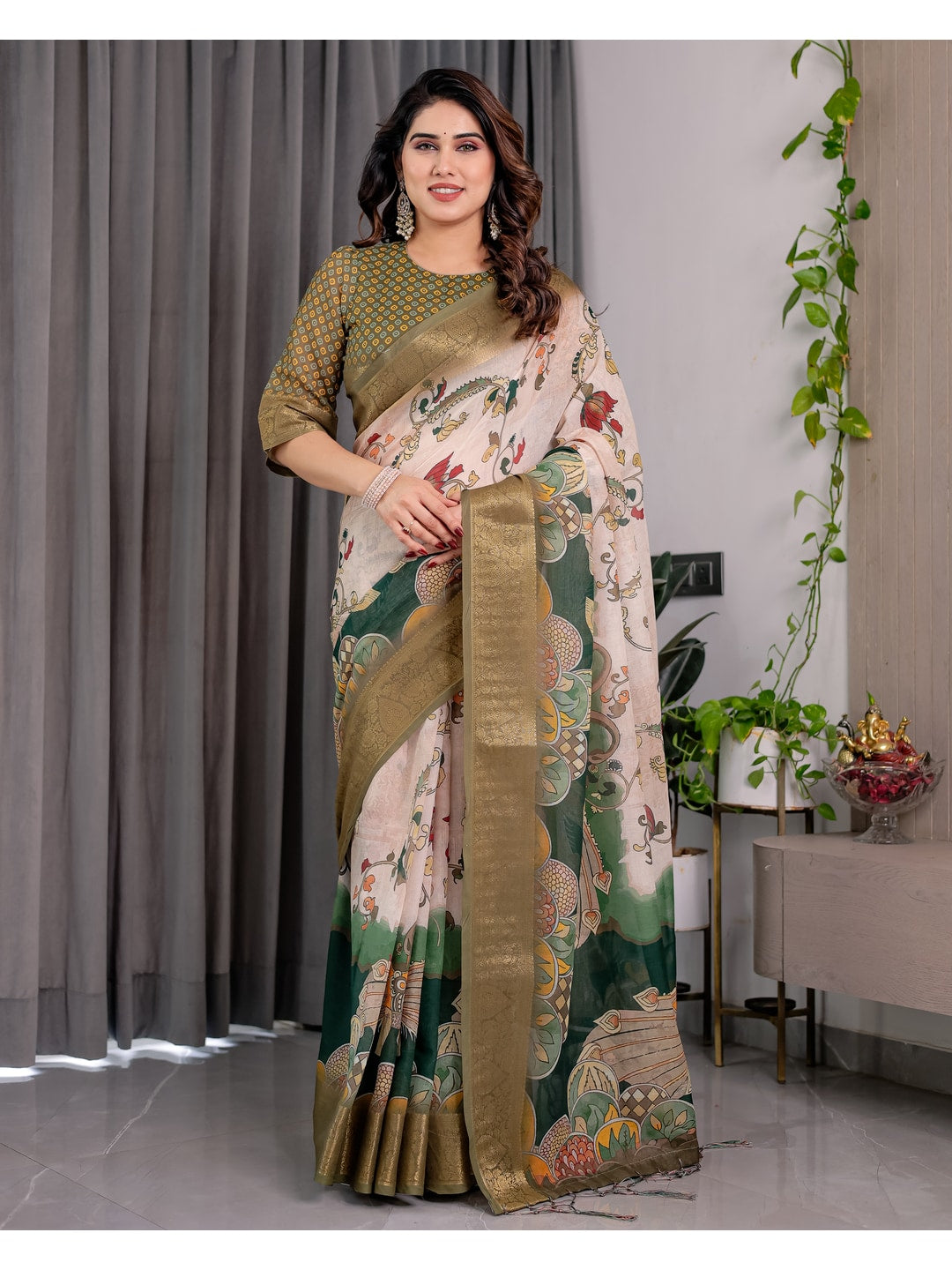 Peachmode Olive Handloom Linen Cotton Floral Print Saree - Image 1