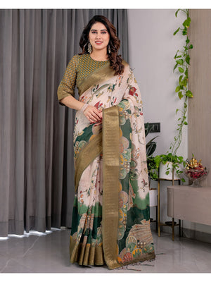 Peachmode Olive Handloom Linen Cotton Floral Print Saree - Image 1