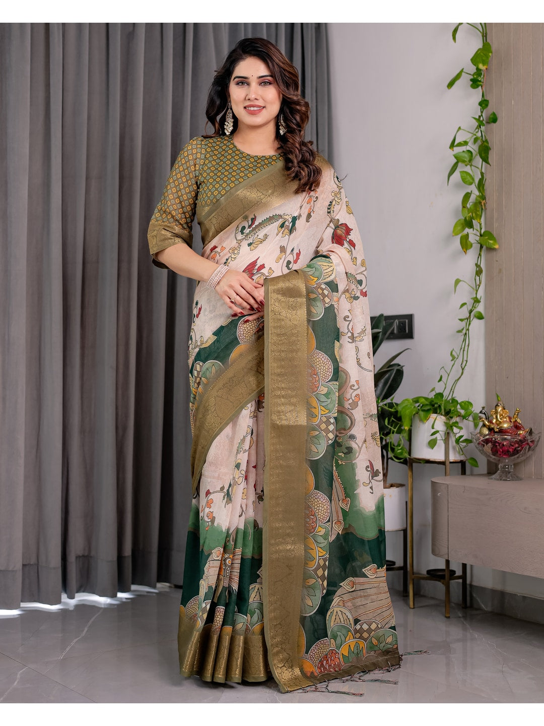 Peachmode Olive Handloom Linen Cotton Floral Print Saree - Image 2