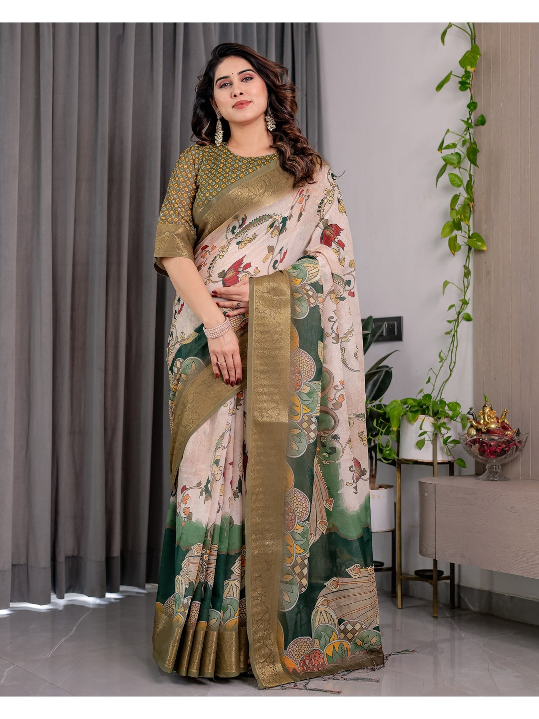 Peachmode Olive Handloom Linen Cotton Floral Print Saree - Image 3