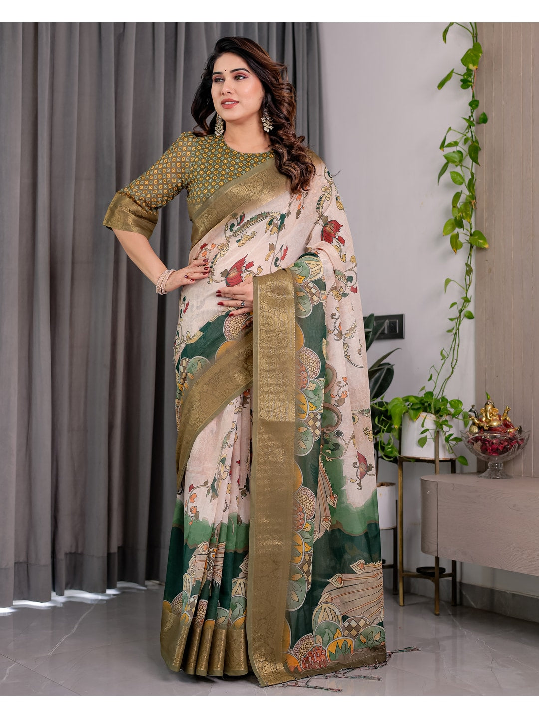 Peachmode Olive Handloom Linen Cotton Floral Print Saree - Image 4