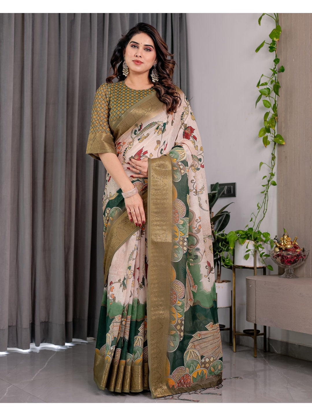 Peachmode Olive Handloom Linen Cotton Floral Print Saree - Image 5