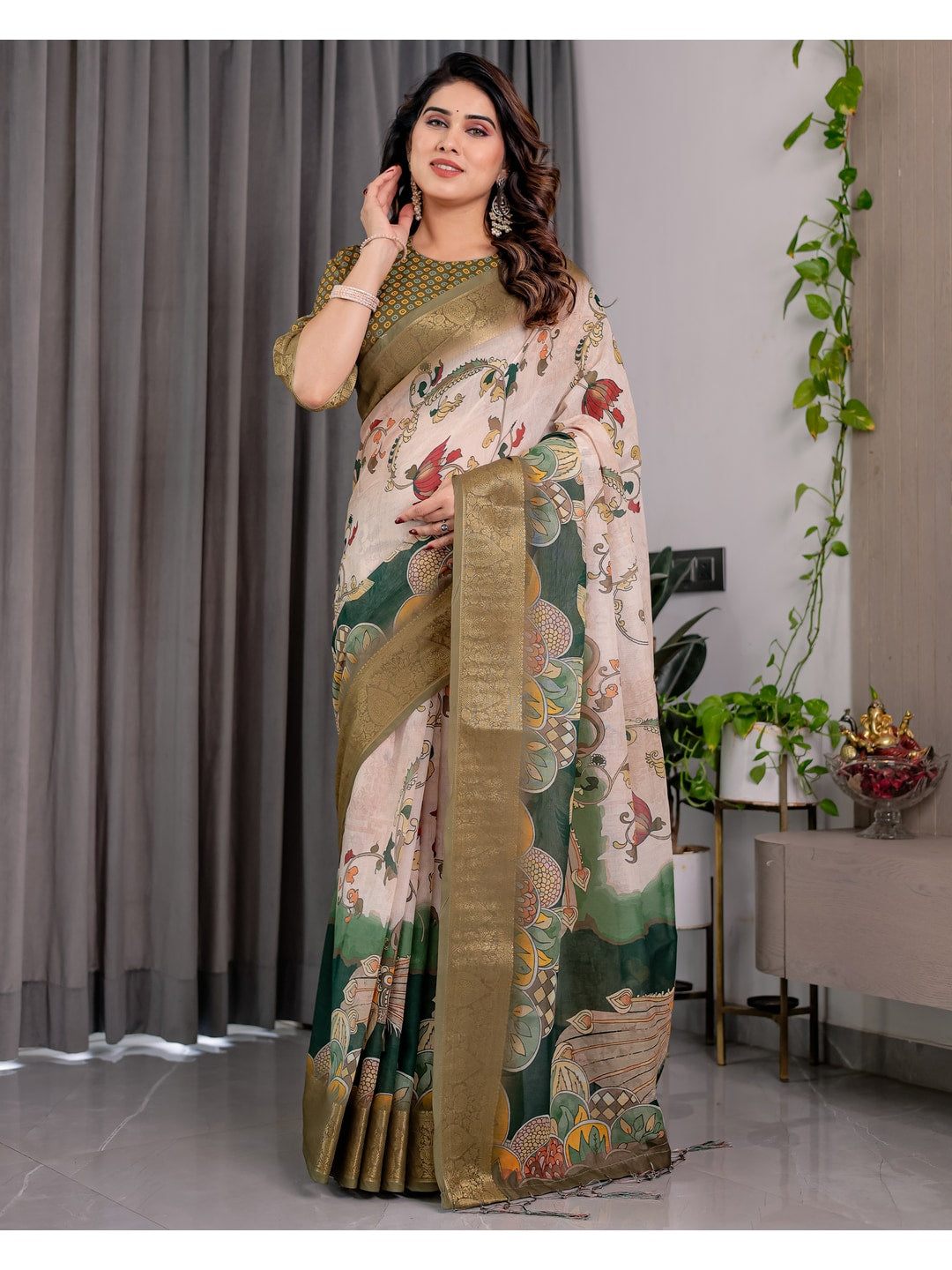 Peachmode Olive Handloom Linen Cotton Floral Print Saree - Image 6