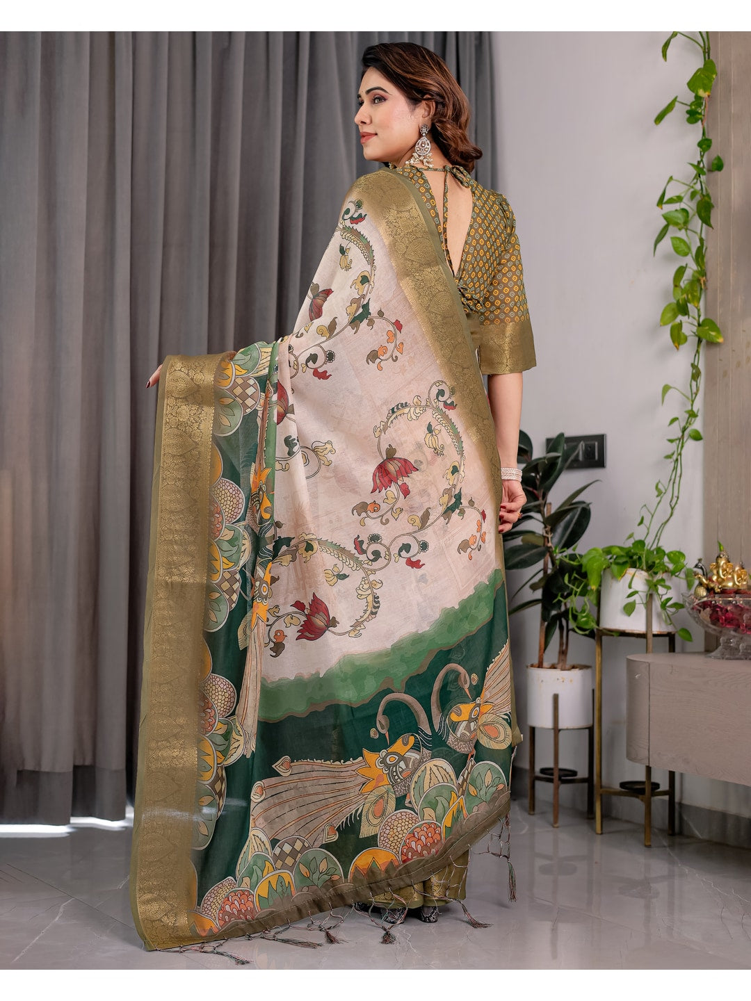 Peachmode Olive Handloom Linen Cotton Floral Print Saree - Image 7