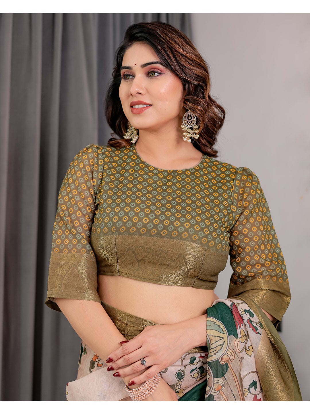 Peachmode Olive Handloom Linen Cotton Floral Print Saree - Image 8