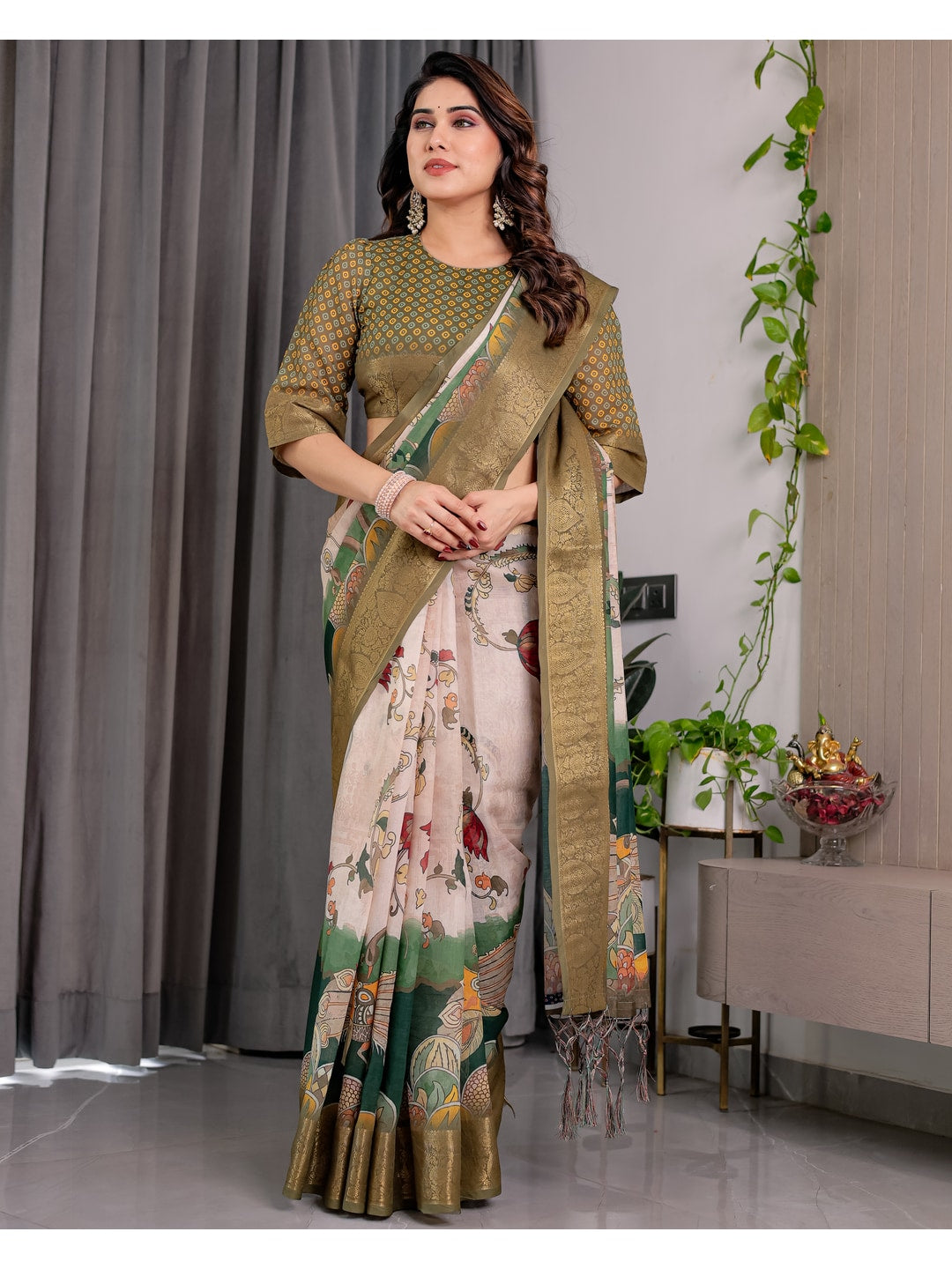 Peachmode Olive Handloom Linen Cotton Floral Print Saree - Image 9