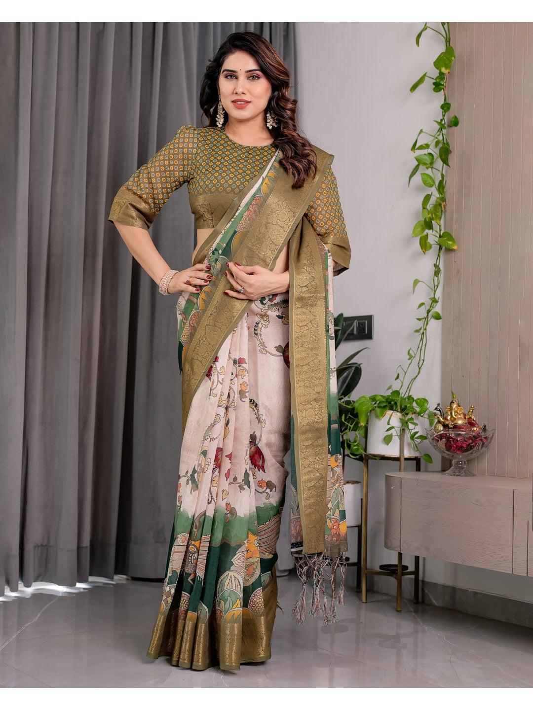 Peachmode Olive Handloom Linen Cotton Floral Print Saree - Image 10