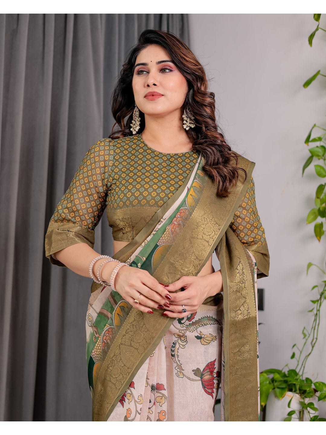 Peachmode Olive Handloom Linen Cotton Floral Print Saree - Image 11