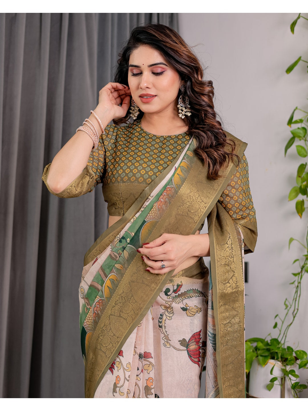 Peachmode Olive Handloom Linen Cotton Floral Print Saree - Image 12