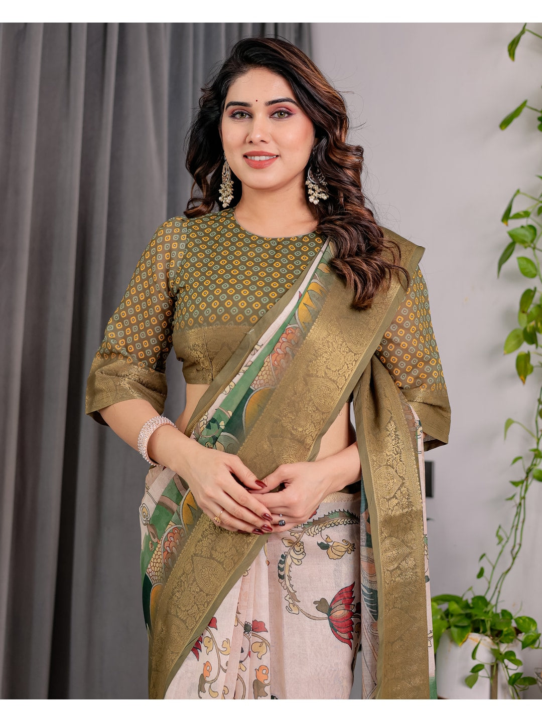 Peachmode Olive Handloom Linen Cotton Floral Print Saree - Image 13