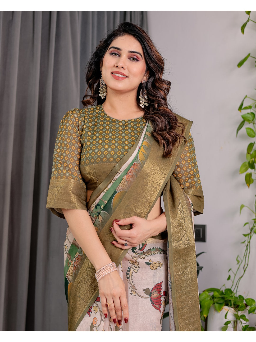 Peachmode Olive Handloom Linen Cotton Floral Print Saree - Image 14