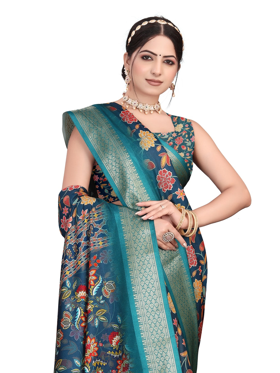 Peachmode Blue Cotton Silk Digital Print Saree with Jacquard Border - Image 11