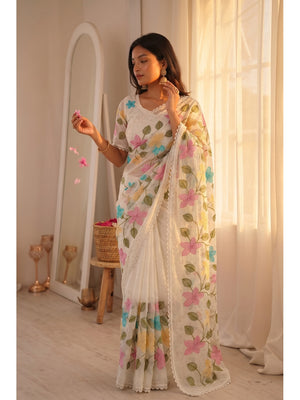 Peachmode White Viscose Saree with Floral Thread Work - Image 1